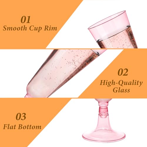 GuanQiao 100 Pack Pink Plastic Champagne Flutes, 5.5 Oz Clear Disposable Plastic Champagne Glasses, Wine Glasses Cups for Wedding Celebration Birthday Party Wine Tasting New Years Eve Party Supplies - Thumbnail 4
