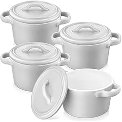 Mini Cazuelas Con Tapa vancasso serie Morandi Moldes para Horno, 4 pcs Moldes para Soufflé/Pasteles de Cerámica Gris Esmalte, Mini Cazuela con Tapa, Cuencos para Postre, Aperitivos, 13CM