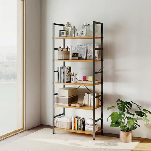 Image of DUMOS 5 Tiers Bookshelf, Classical Book Shelf, Tall Display Shelves in Living Room /Home /Office, Storage Organizer for CDs /Books /Movies, Wood