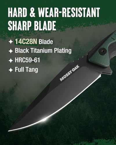 Image of Mossy Oak 9.5 inch Fixed Blade Hunting Knife with Sheath | 14C28N Full Tang; G10 Handle; Outdoor Knife for Survival, Camping, Hiking(Green)