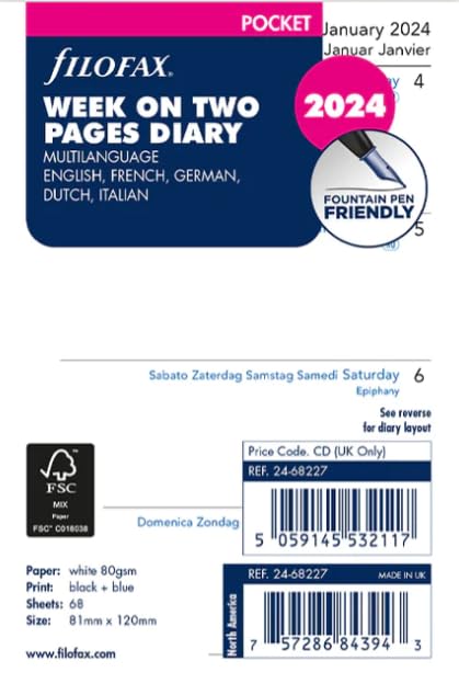 Filofax Pocket 2024 Diary, Week on Two Pages, 5 Language (EN/FR/DE/NL/IT), Model 24-68227