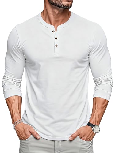 MAGCOMSEN Henley Shirt Baumwolle Herren Langarm Tshirt Dünne Pullover Langarmshirt mit Knöpfen Hemd Regular Fit Weiß XL