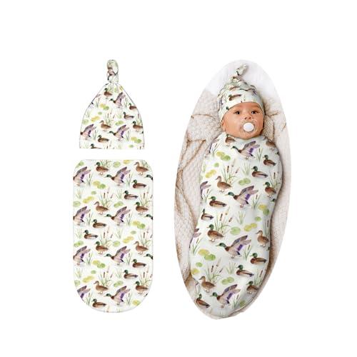 Image of Lcokin Mallard Duck Baby Stuff Swaddle Blanket Hat Set, Newborn Receiving Blanket Shower Gift for Boys Girls
