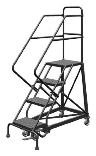 Image of Tri-Arc KDEC104166 4-Step Forward Descent Safety Angle Steel Rolling Industrial and Warehouse Ladder with Perforated Tread, 16-Inch Wide Steps