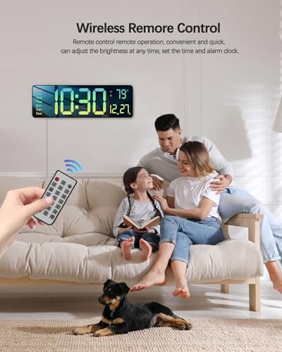 Image of Modern 16 inch Large Digital Wall Clock with Remote Control, LED Display, Auto-Dimming, Countdown, Temperature, Calendar - 12 /24Hr Format - Silent Wall Clock for Home, Office (Gradient Green)