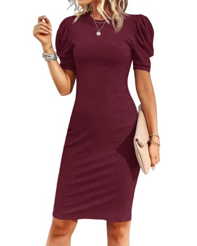 Cicy Bell Women's Puff Sleeve Bodycon Work Dresses Crew Neck Business Casual Office Pencil Dress Burgundy