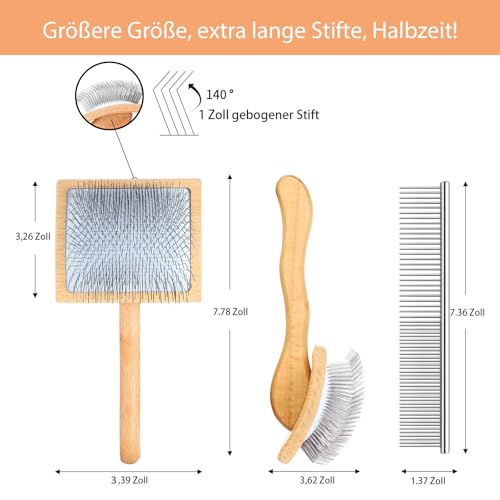 YOPETAYU Slicker Bürste für Hunde & Katzen mit Holzgriff – extra lange Borsten für langes Fell – entfernt Unterwolle & Knoten – mit Fellkamm – für Golden Retriever & Australian Shepherd – Oak