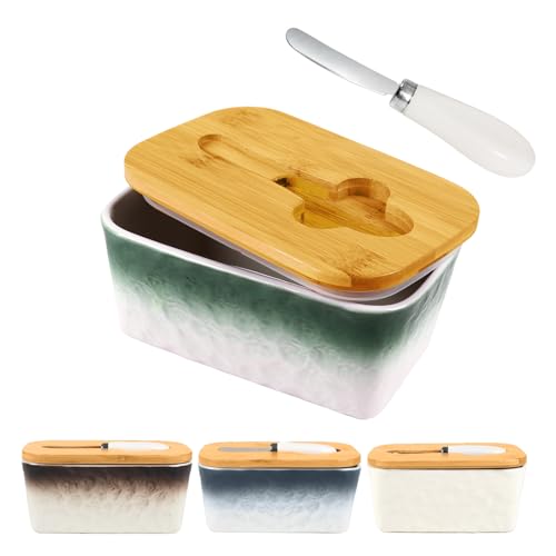 GLAVIONIX Butter Dish with Lid, 6.5" Large Butter Container for Countertop, Ceramic Green Butter Keeper Container with Knife, Bamboo Cover and High-Quality Silicone Sealing for Home Decor GLAVIONIX Butter Dish with Lid, 6.5" Large Butter Container for Countertop, Ceramic Green Butter Keeper Container with Knife, Bamboo Cover and High-Quality Silicone Sealing for Home Decor