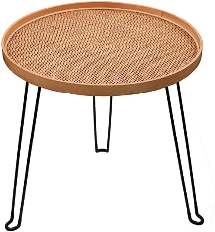 [PJ Collection] Round Wood and Rattan Side Table, Foldable Table with Metal Tripod, Rattan Round Tray Top, Boho Style, Chic Coffee Table, Side Table (Height 17.7", Grid Knit Pattern)
