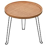 [PJ Collection] Round Wood and Rattan Side Table, Foldable Table with Metal Tripod, Rattan Round Tra