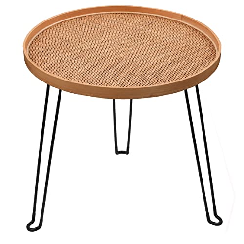 [Pj Collection] Round Wood And Rattan Side Table, Foldable Table With Metal Tripod, Rattan Round Tray Top, Boho Style, Chic Coffee Table, Side Table (Height 17.7", Grid Knit Pattern) #TOP3