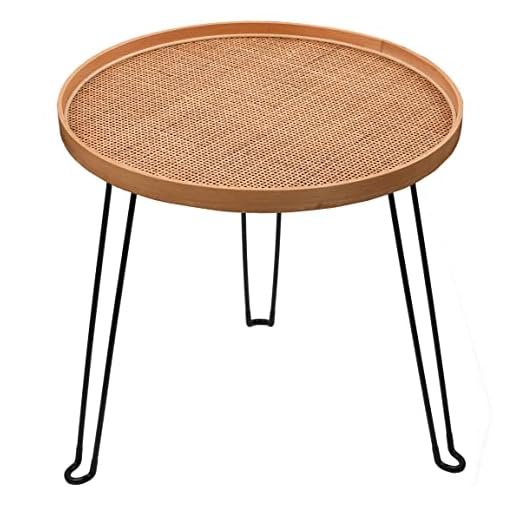 [PJ Collection] Round Wood and Rattan Side Table, Foldable Table with Metal Tripod, Rattan Round Tray Top, Boho Style, Chic Coffee Table, Side Table (Height 17.7", Grid Knit Pattern)