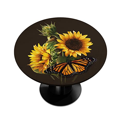 Sunflower Butterfly Round Tablecloth with Elastic Edge,Summer Floral Flower Fitted Table Waterproof Wipeable Round Table Cover for Dining Kitchen Party Indoor Outdoor Patio Table 45