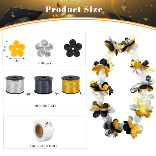 JarThenaAMCS 328Ft Graduation Candy Lei Making Kit Include 1 Roll Poly Tubing 600Pcs Flower 3 Rolls Ribbon for 2026 Congrats Grad Party DIY Crafts Supplies (Black Gold Silver) — view 2