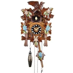 Reloj de cuco de 22 cm de madera auténtica pintada, con sonido, funcionamiento a pilas y mecanismo de cuarzo