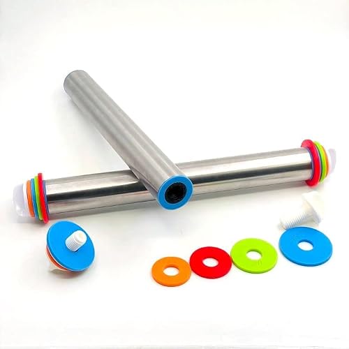 Stainless Steel Rolling Pin Dough Roller 17” X 2” With 4 Removable Adjustable Thickness Ring And Non-Slip Silicone Pastry Mat 24” X 16” | Red Basting Brush For Baking Dough, Pizza, Pie, Pastries #TOP3