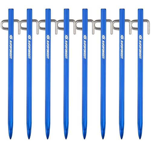 AVOFOREST 鍛造ペグ アルミ製 ペグ 超高強度 7A04アルミ合金 20cm/30cm 4本/8本セット ステンレス製フック 超軽量 錆びにくい テント用 タープ用 アウトドア/キャンプ 用品 岩場 砂浜 砂利 硬い土 芝生 (ブルー, 30CM