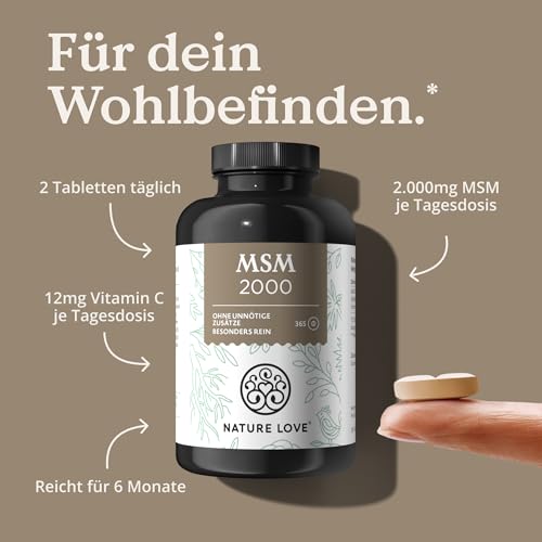 NATURE LOVE® MSM 2000mg mit Vitamin C - 365 laborgeprüfte Tabletten - Kompakteres MSM Pulver als bei Kapseln - Ohne Zusätze, hochdosiert, vegan, in Deutschland produziert