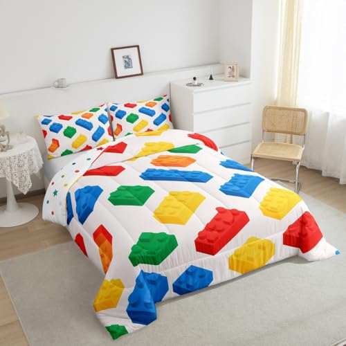 Image of Feelyou Building Blocks Gaming Toy Comforter Set Twin Size Kids Boys Girls | Teens Brick Colorful Duvet Set Room Decor 2Pcs Warm Cozy Breathable Lightweight All Season
