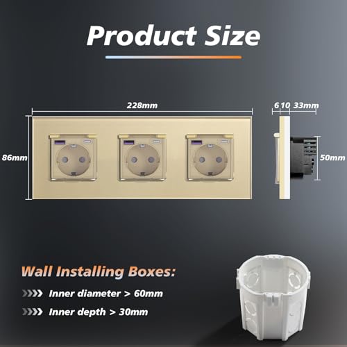 BSEED Unterputz Steckdose mit 20W USB und Typ C Port, Glas Wandsteckdose mit Wasserdicht Abdeckung Ideal f&uuml;r Feuchtr&auml;ume Outdoor und Indoor Verwendung, 228mm 3 Fach Gold