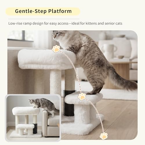 Image of Heybly Cat Scratching Post with Grooming Brush & Gentle Step, HSP001SWH | Small Cat Tree with 5 Full Sisal Posts, Removable Plush Bed, Stable & Space-Saving Cat Furniture for Indoor Cats, White