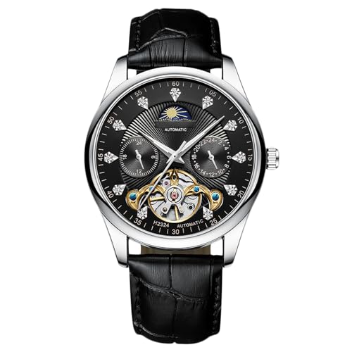 RORIOS Men's Automatic Tourbillon Watch Diamond Skeleton Watch Waterproof Self Winding Wrist Watch Luminous Moon Phase Watch Leather Strap Black White B