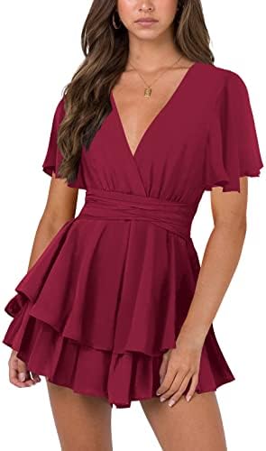 Summer Petite Women's Fairy Dress Casual V-Neck Lantern Sleeve Empire Waist Tie Mini Wrap Prom Swing Dresses Maroon Burgundy Short Sleeve XL