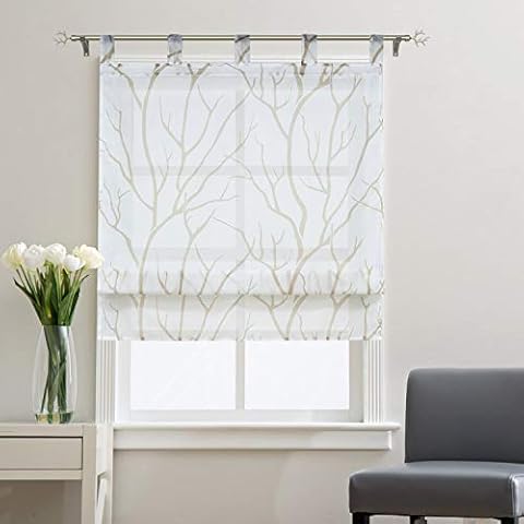 Joyswahl Sheer Curtain - Bathroom Curtain Tab Top Shade for Small Window,Kitchen Curtain Balcony Branch Pattern Voile Roman Shades, 1pc(White x Brown, W39 x H55 inch) Cover