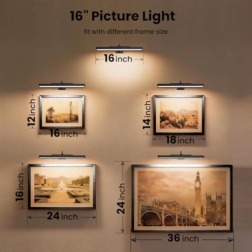 3Pack Picture Light Battery Operated, 16in Picture Light for Wall, 5000mAh Cordless Wall Lights with Controller,Art Light with Dimmable Cordless for Wall Painting,Frame, Portrait, Dartboard- Black