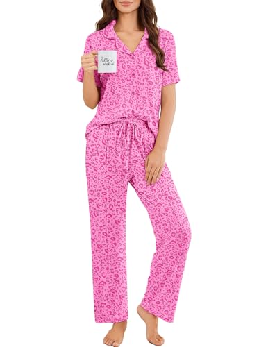 Image of Ekouaer Pajamas for Women Set Button Up Short Sleeve Pjs Sets With Pockets | Soft Womens Sleepwear,V Neck,Notch Collar,2 Piece Classic Loungewear With Long Pant for Sleep,Lounge,Fall