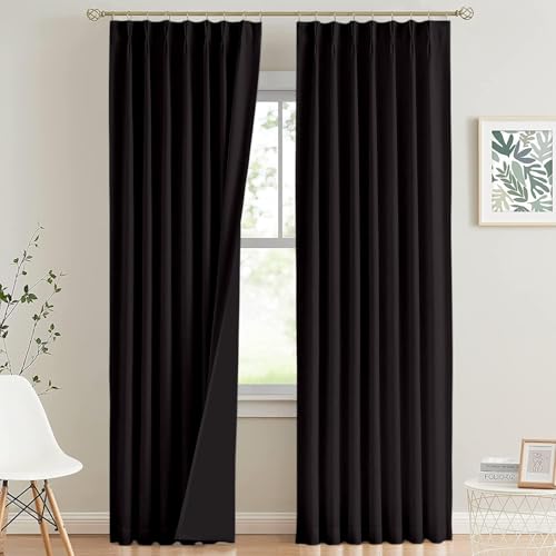 Image of 100% Blackout Double Pinch Pleat Curtains, Linen, Thermal Insulated, 2 Panels, Solid,(Black)