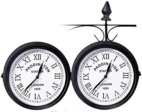 Double Sided Wall Clock, Garden Clocks Outdoor Waterproof Retro Stand Clock Paddington Station Wall Clock Vintage Antique-Look Bracket Indoor, Metallic