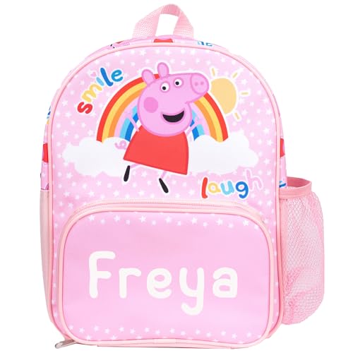 Peppa Pig Mochila personalizada para niños pequeños, bolsa de guardería, bolsillo de malla para botella de agua y bolsillos delanteros con cremallera, personalizable con cualquier nombre