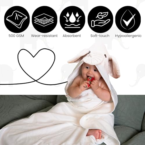 Image of Premium Baby Towel for Bath with Hood, Extra Soft, Silky Smooth Fabric, Made from Viscose derived from bamboo and cotton Extra Large Absorbent, Hypoallergenic, Machine Washable, Elephant