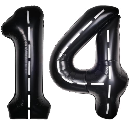 Image of Race Car 40 Inch Black 14 Large Helium Balloon Number 0-9 | Track Giant Digital 14th Foil Mylar Big Party Balloons for Men Birthday Car Theme Party Anniversary Graduation Decorations