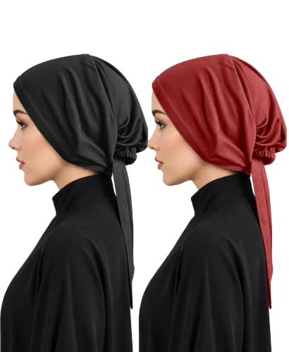 Image of Mehar Women's Hair Ponytail Cap Set of 2 | Soft Stretchable Polyester Hijab Inner Cap | Adjustable Tie-Back | Scarf & Helmet Inner | One Size Fits All