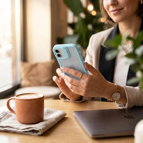 Image of amazon basics Frosted Matte Case for iPhone 17 | Built-in Flip-Out Camera Lens Stand | Translucent Back with Contrast Blue Bumper | Shockproof Protective Cover with Foldable Kickstand