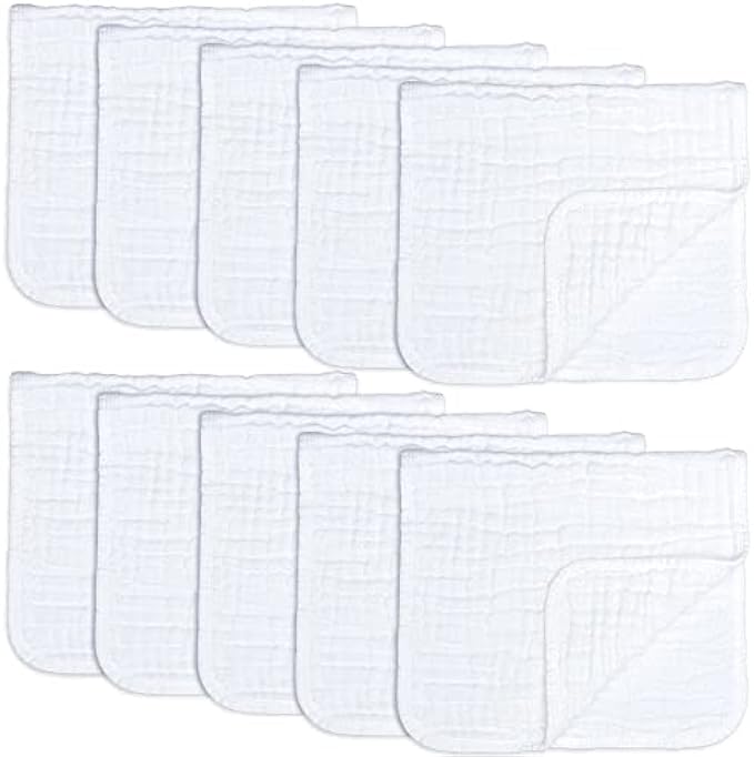 Comfy Cubs Muslin Burp Cloths Large 100% Cotton Hand Washcloths for Babies, Baby Essentials 6 Layers Extra Absorbent and Soft Boys & Girls Baby Rags for Newborn Registry (White, 10-Pack, 20" X10")