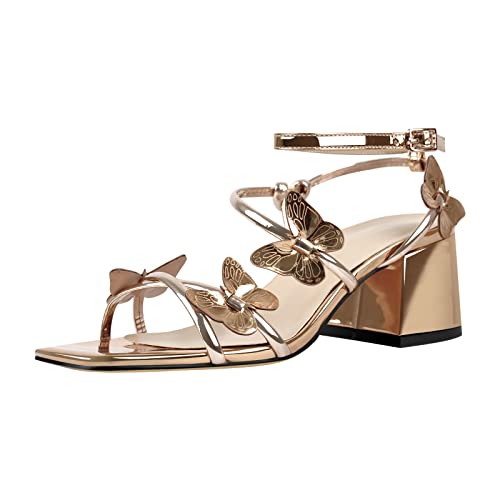 Onlymaker Women's Square Toe Low Block Heel Sandals Butterfly Strappy Bowknot Wedding Dressy Chunky Heel Sandals