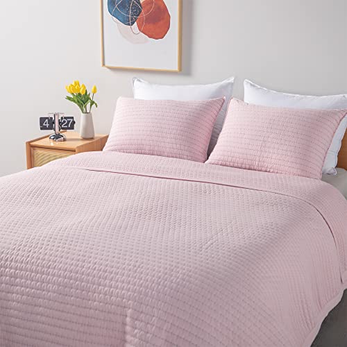 Kasentex Quilt Mini Set-Stone Washed-Super Soft Bedspread-Light Weight-White Down Alternative Microfiber Fill-Machine Washable-Solid Colors, Full/Queen +2 Shams, Pink #TOP1