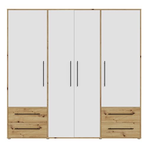Forte MOKKARIS Kleiderschrank 200 210, moderner Drehtürenschrank, 4-türig, 4 Schubladen, Holzwerkstoff, Weiß mit Artisan Eiche Holzdekor, 205,9 cm breit x 200,1 cm hoch x 58,8 cm tief