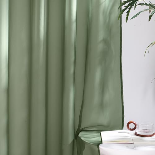 Image of NICETOWN Forest Green Sheer Curtains 96inches Long for Living Room, Grommet Voile Sheer Light Filtering Window Treatments for Bedroom, Sage Green, W54 x L96, Set of 2