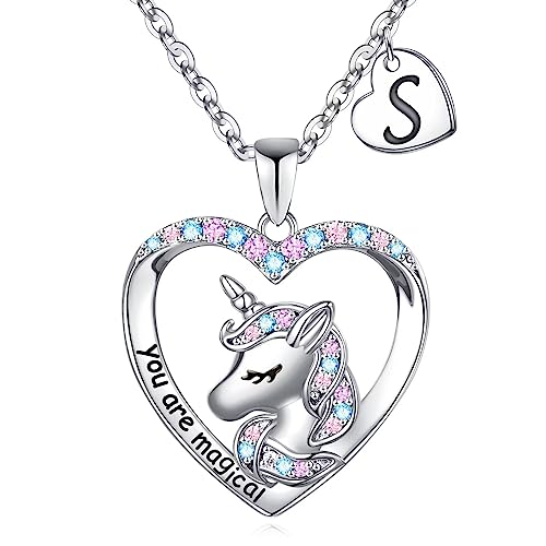 Hidepoo Unicorn Necklace for Girls Gifts - 14K White Gold Plated CZ Heart Pendant Unicorn Necklace Gifts Jewelry Letter Initial Unicorn Necklaces Unicorns Gifts Birthday Gifts for Girls Teen Girls