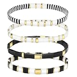 Jadive 4 Pcs Tila Flat Beaded Stretch Bracelets for Women Bohemian Friendship Bead Bracelets Glass Cute Boho Style Square Beaded Decorations for Jewelry Friend Gifts(Black and White)