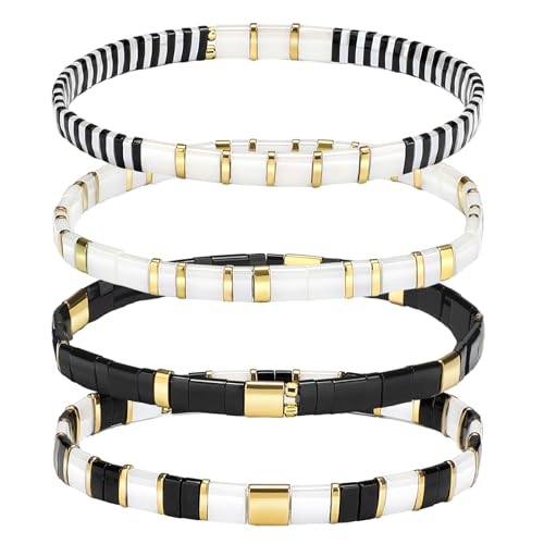 Jadive 4 Pcs Tila Flat Beaded Stretch Bracelets for Women Bohemian Friendship Bead Bracelets Glass Cute Boho Style Square Beaded Decorations for Jewelry Friend Gifts