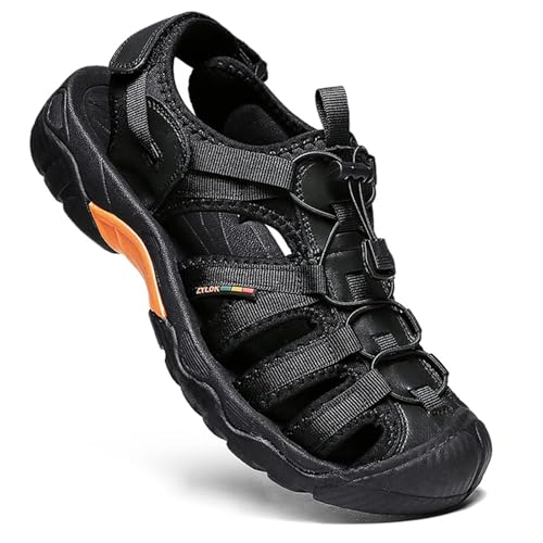ZYLDK Herren Damen Leder Sandalen Strand Trekkingsandalen Outdoorsandalen Sommer Wandersandale Männer Atmungsaktive geschlossene Sandale Größe 38-46 Schwarz 42 EU