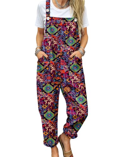 Image of YESNO Women's Overalls Cotton Boho Casual Floral Bib Jumpsuit Baggy Adjustable Strap Romper with Pockets PVV
