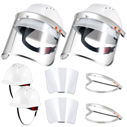 Weysat 2 Sets Safety Face Shield for Grinding and Cutting Kit Include PC White Full Brim Hard Hat Helmets Aluminum Face Mask Shields Adapter for Industrial Forestry Construction Protective Equipment