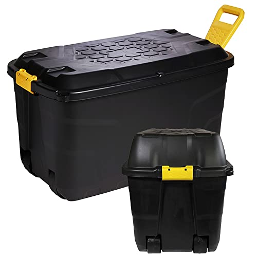 STORM TRADING GROUP Heavy Duty Robust Black Storage Trunk With Wheels & Handles - 110 & 145 Litre XL Capacity - Great for Indoor & Outdoor Use
