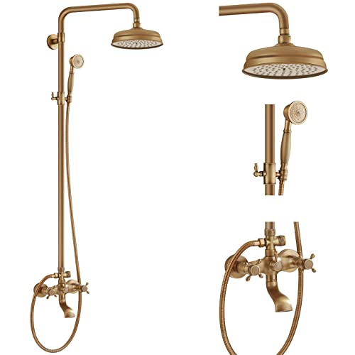 Aolemi Sistema de ducha expuesto con ducha de mano y llenador de bañera en latón antiguo | Llenador giratorio para bañera, cabezal de ducha de 8 pulgadas, con rociador de mano, manijas cruzadas dobles, altura ajustable, montaje en pared miniatura 1